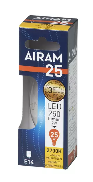 Airam LED Kynttilä kirkas 2W E14 filam. 250lm 2700K, 15 000h, 360° - Lamput ja polttimot - 6435200242600 - 2