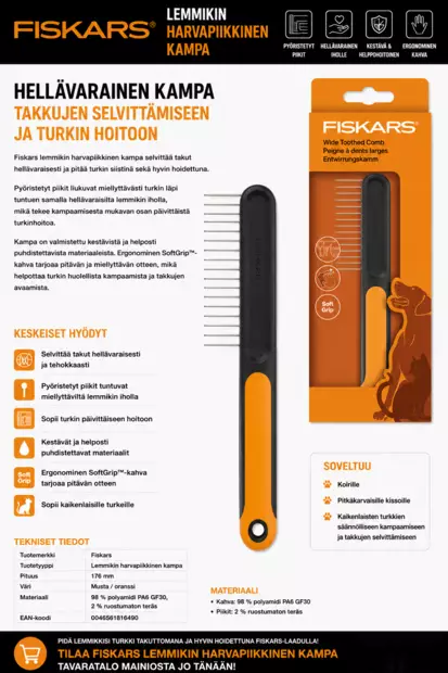 Fiskars Lemmikin harvapiikkinen kampa - Koiran trimmaus ja turkinhoito - 0046561816490 - 2