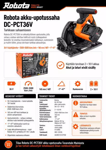 Robota DC-PCT36V akku-upotussaha 36 V 165 mm – runko - Akkusahat - 6438212141930 - 2