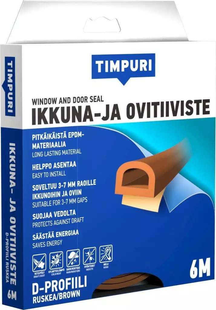 TIMPURI Ikkuna- ja ovitiiviste D-profiili 6m ruskea - Ikkunatiivisteet ja ovitiivisteet - 6418091706260 - 1