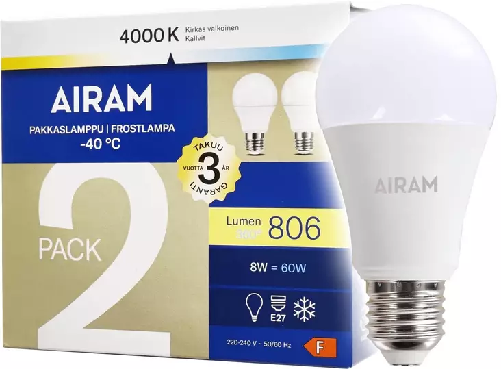AIRAM PAKKASLED 8,5 W E27 840lm 2KPL - Lamput ja polttimot - 6435200310910 - 1