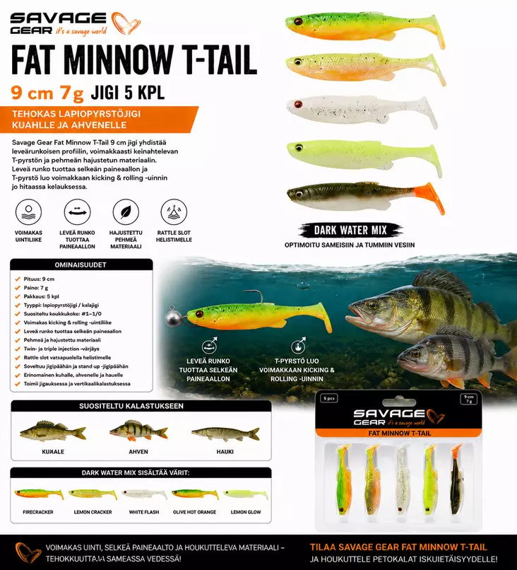 SG Fat Minnow T-Tail 9cm Dark Water MIX - Jigit ja jigipäät - 5706301770080 - 1