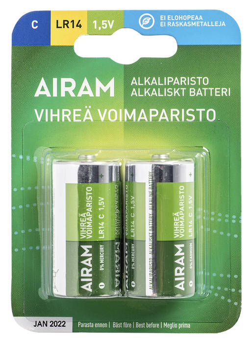 Airam Vihreä voimaparisto alkali LR14 C 1,5V/2 kpl kortti - Alkaliparistot - 6435200192431 - 1