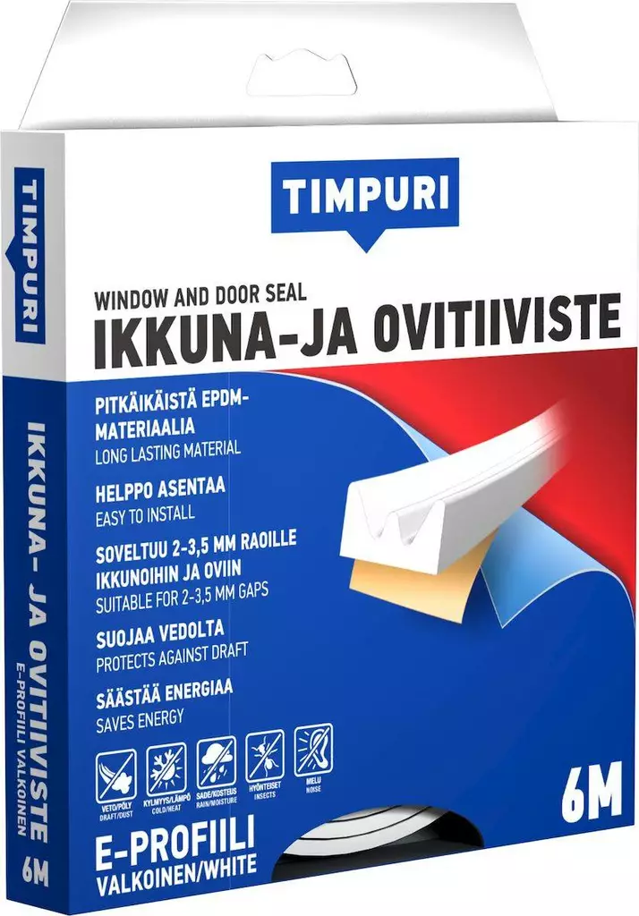 TIMPURI Ikkuna- ja ovitiiviste E-profiili 6m valkoinen - Ikkunatiivisteet ja ovitiivisteet - 6418091702231 - 1