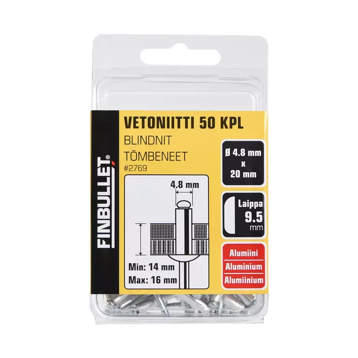 Vetoniitti alum 4.8 x 20 mm 50 kpl - Niittipihdit ja niitit - 6438152027691 - 3