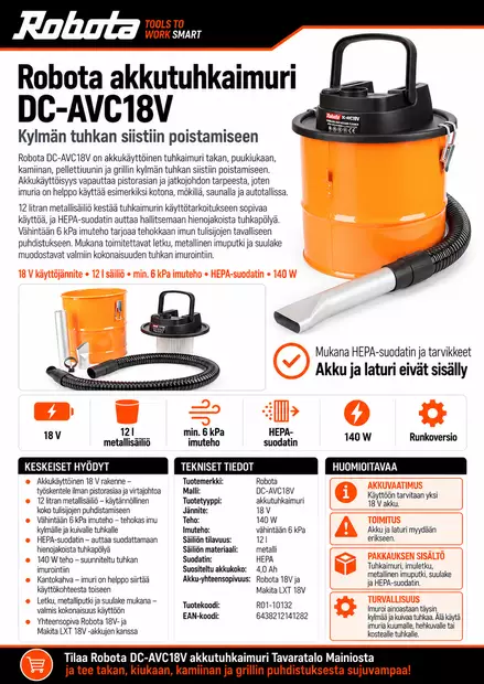 Robota akkutuhkaimuri DC-AVC18V - Nuohous ja tuhkaimurit - 6438212141282 - 2