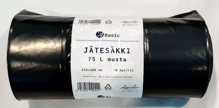 A.Basic Jätesäkki 75 L, musta, 650x900 mm, 20 kpl/rll - Jätteiden lajittelu - 6418055090442 - 1