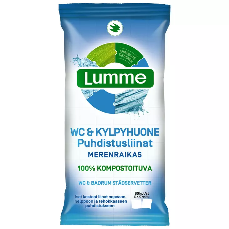 Lumme 60kpl (2x30kpl) WC&Kylpyhuone kosteat puhdistusliinat - Yleispuhdistusaineet - 6412203102162 - 1