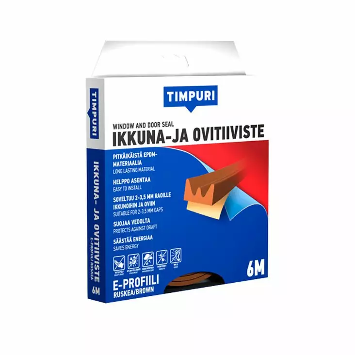 TIMPURI Ikkuna- ja ovitiiviste E-profiili 6m ruskea - Ikkunatiivisteet ja ovitiivisteet - 6418091702262 - 1