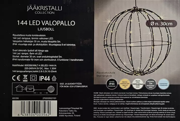 LED-valopallo 30cm 144 LED - Valokoristeet - 6438506003562 - 1