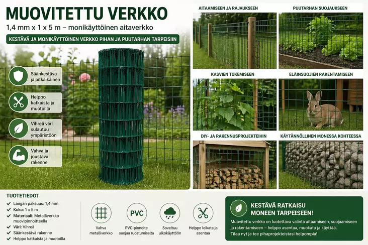 Muovitettu verkko 1,4mmx1x5m - Hyönteiskarkoittimet ja -pyydykset - 6438159035262 - 1