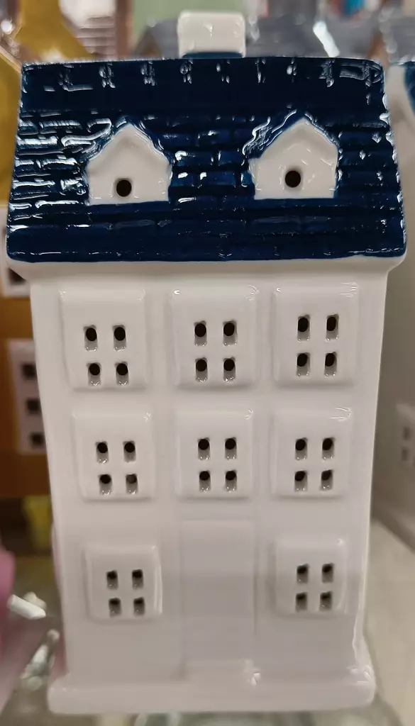 Keraaminen talolyhty LED-valolla sinivalkoinen - Koristevalot - 6438159368223 - 1