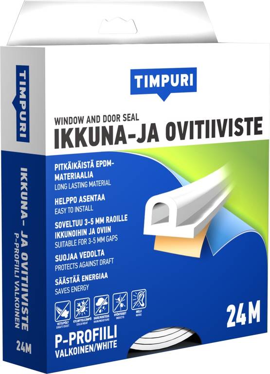 TIMPURI Ikkuna- ja ovitiiviste P-profiili 24m valkoinen - Ikkunatiivisteet ja ovitiivisteet - 6418091704433 - 1