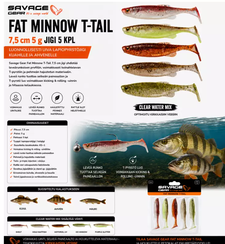 SG Fat Minnow T-Tail 7cm Clear Water MIX - Jigit ja jigipäät - 5706301770073 - 1