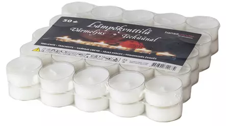 Lämpökynttilä valkoinen muovikupissa 50 kpl - Lämpökynttilät ja öljykynttilät - 4740302711674 - 1