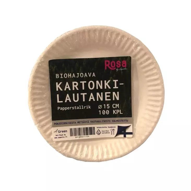 Rosa Kartonkilautanen, 15cm valkoinen 100 kpl, Biohajoava - Kertakäyttöastiat ja -välineet - 6418055111154 - 1