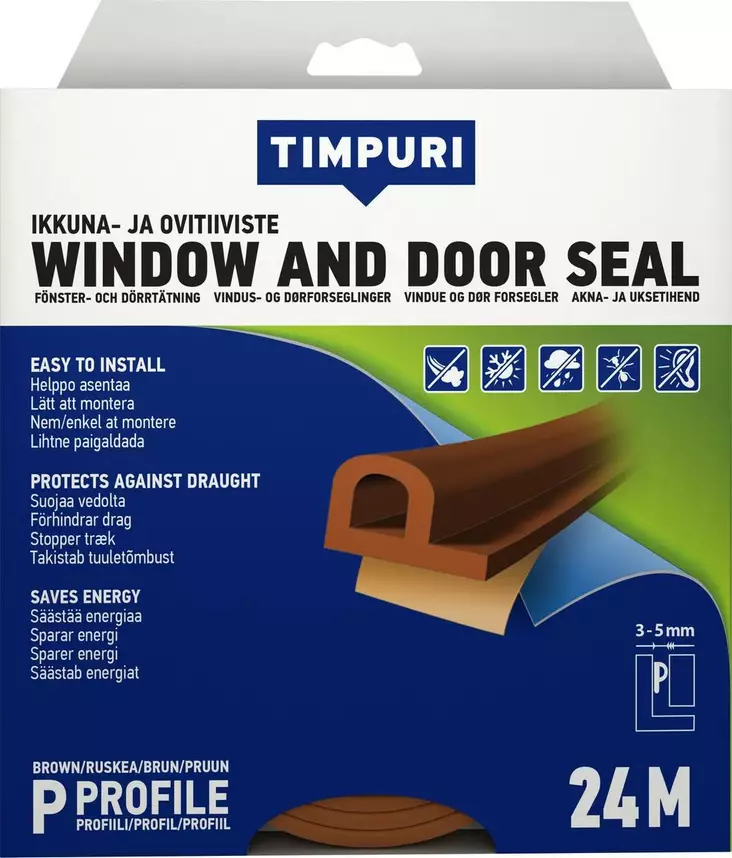 TIMPURI Ikkuna- ja ovitiiviste P-profiili 24m ruskea - Ikkunatiivisteet ja ovitiivisteet - 6418091704464 - 1