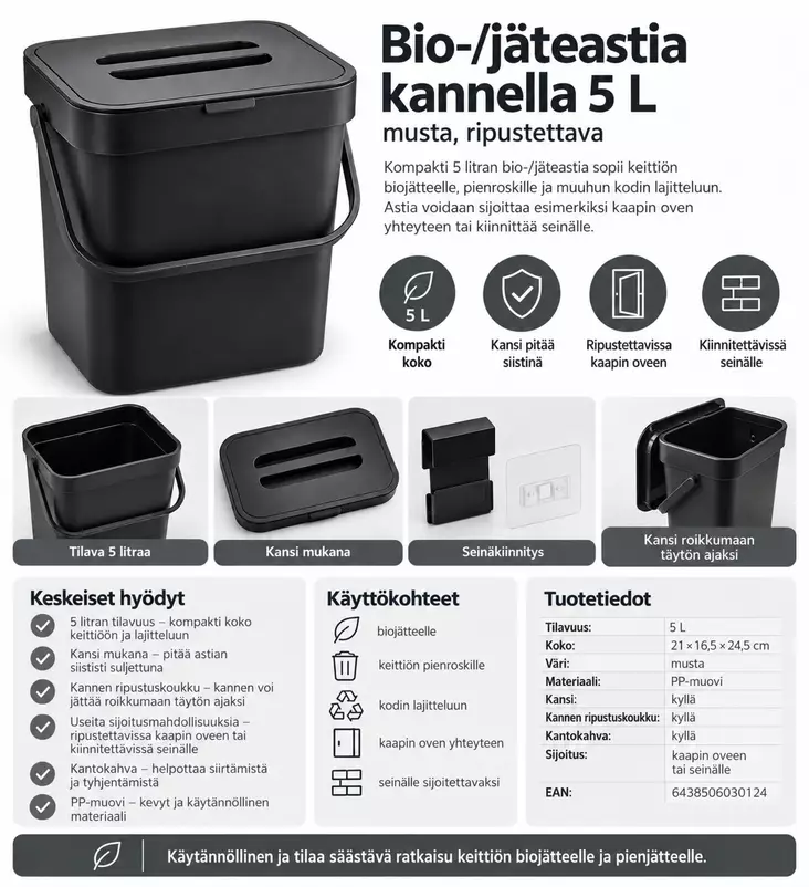 Bio/jäteastia kannella 5L - Jätteiden lajittelu - 6438506030124 - 1