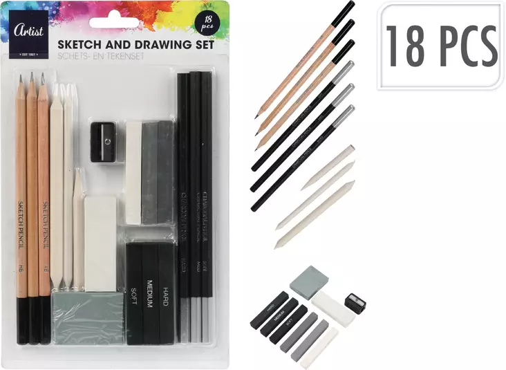 Piirustus- ja luonnostelusetti 18-osainen - Taiteilijatarvikkeet - 8720573543194 - 1
