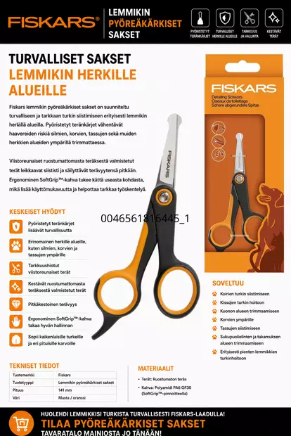 Fiskars Lemmikin pyöreäkärkiset sakset - Koiran trimmaus ja turkinhoito - 0046561816445 - 2