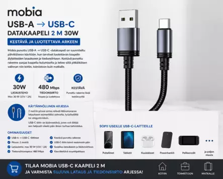 Mobia Datakaapeli USB Type C 2M 30W - Muut puhelintarvikkeet - 6430076524065 - 2