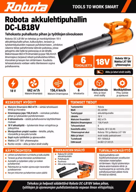 Robota DC- LB18V akkulehtipuhallin 18V - Akkupuutarhatyökalut - 6438212130125 - 2