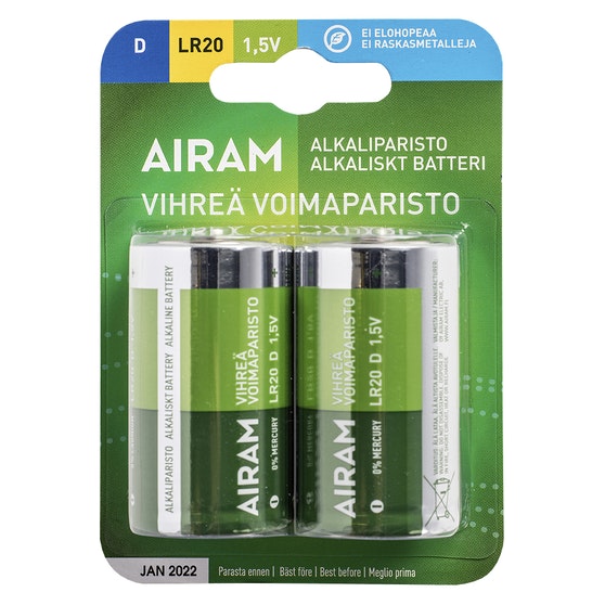 Airam Vihreä voimaparisto alkali LR20 D 1,5V/2 kpl kortti - Alkaliparistot - 6435200192455 - 1