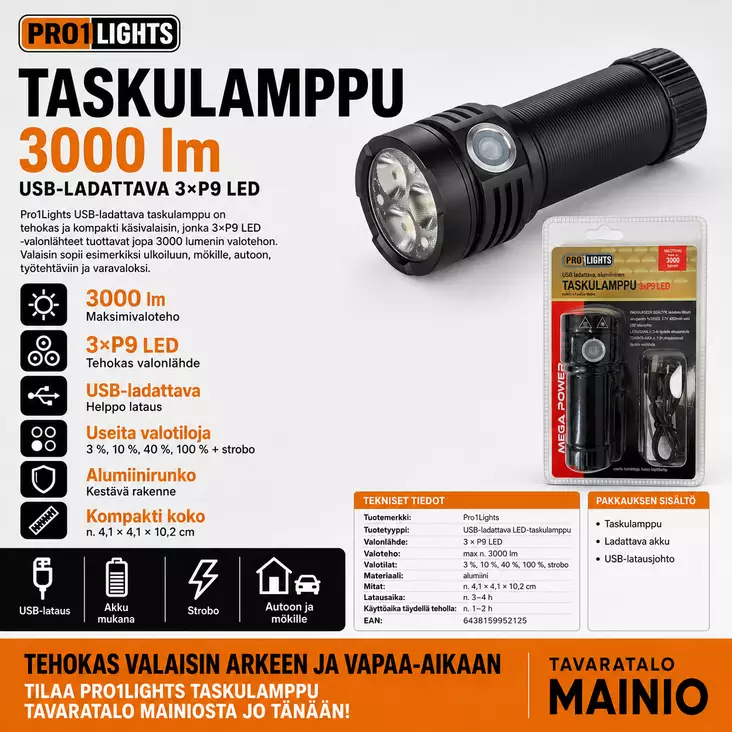 USB-ladattava alumiininen taskulamppu - Taskulamput - 6438159952125 - 1
