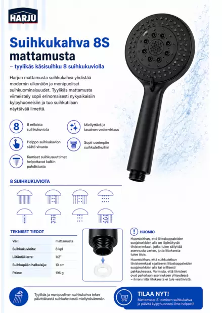 Suihkukahva 8S mattamusta - Suihkupäät - 6438140050496 - 2