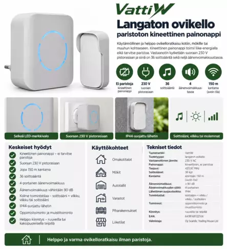 VattiW langaton ovikello 230 V – kineettinen painonappi - Ovikellot ja turvalukot - 6438168122106 - 2