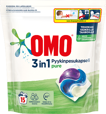 Omo Pyykinpesuainekapseli herkälle iholle Pure 15 PC - Pyykinpesuaineet  - 8717163673416 - 1