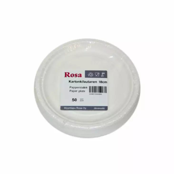 Rosa Lautanen 18cm, valkoinen 50 kpl, Biohajoava - Kertakäyttöastiat ja -välineet - 6430010040866 - 1