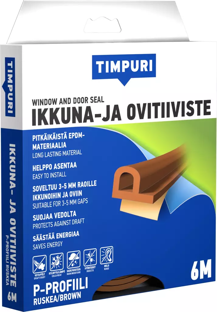 TIMPURI Ikkuna- ja ovitiiviste P-profiili 6m ruskea - Ikkunatiivisteet ja ovitiivisteet - 6418091704266 - 1