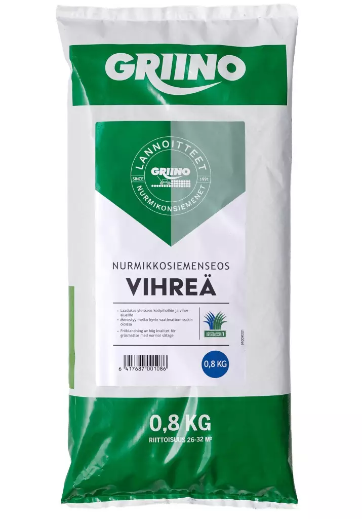 Griino Vihreä-nurmikonsiemen 0,8 Kg - Nurmikkosiemenet - 6417687001086 - 1