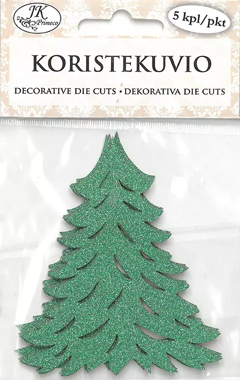 Koristekuvio Kuusi vihreä glitter 5kpl - Joulukorttiaskartelu - 6417715069736 - 1