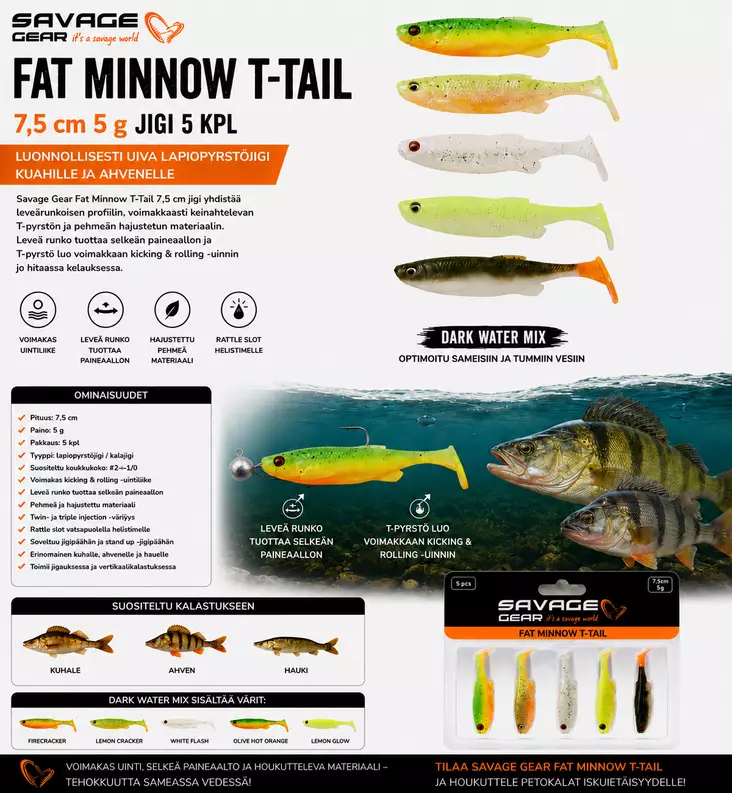 SG Fat Minnow T-Tail 7cm Dark Water MIX - Jigit ja jigipäät - 5706301770066 - 1