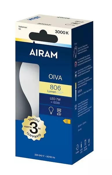 Airam LED Oiva Vakiolamppu E27 7W 806lm 3000K - Lamput ja polttimot - 6435200307217 - 2