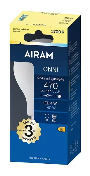 Airam LED Onni Vakiolamppu E27 4W 470lm 2700K - Lamput ja polttimot - 6435200317797 - 2
