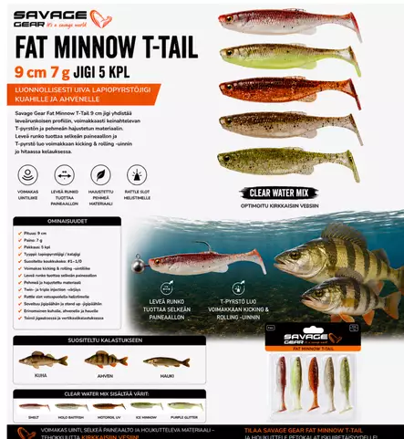 SG Fat Minnow T-Tail 9cm Clear Water MIX - Jigit ja jigipäät - 5706301770097 - 1