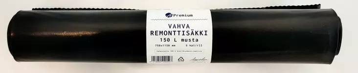 A.Premium Vahva Remonttisäkki 150 L, musta , 5 kpl/rll - Jätteiden lajittelu - 6418055090527 - 1