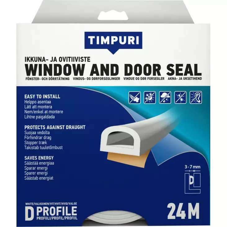 TIMPURI Ikkuna- ja ovitiiviste D-profiili 24m valkoinen - Ikkunatiivisteet ja ovitiivisteet - 6418091706437 - 1