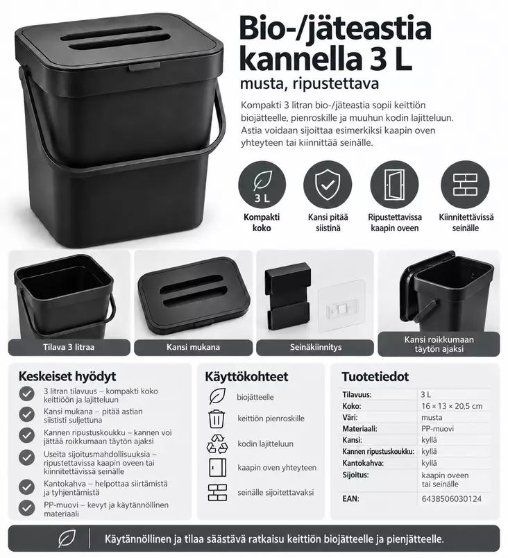 Bio/jäteastia kannella 3L - Jätteiden lajittelu - 6438506030117 - 1