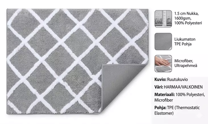 KYLPYHUONEMATTO 50 x 80 ruutukuvio - Kylpyhuonematot - 6438159369657 - 1