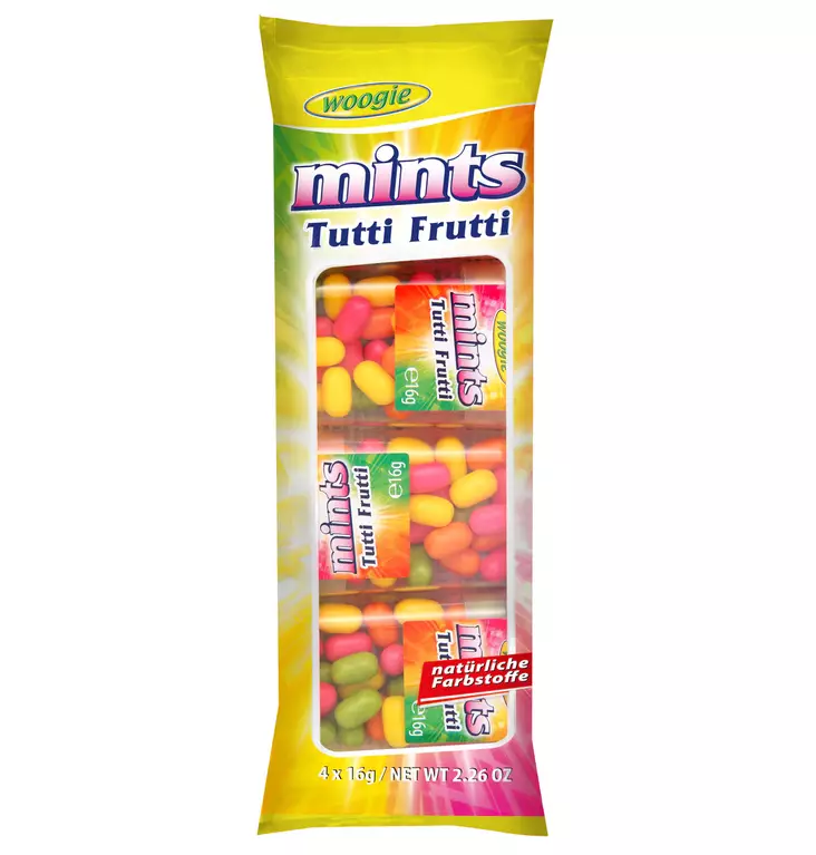 Woogie Mints Tutti Frutti 4x16g - Makeispussit, -patukat ja tikkarit - 9002859077197 - 1