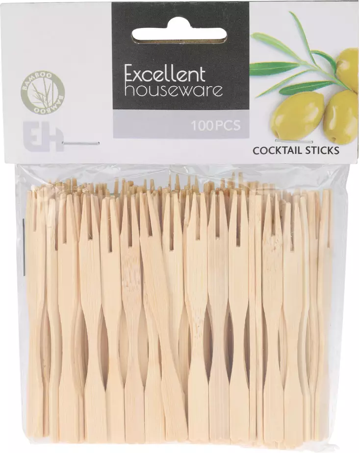 Coctail haarukka bambu 100 kpl/pkt - Kertakäyttöastiat ja -välineet - 8719987498138 - 1