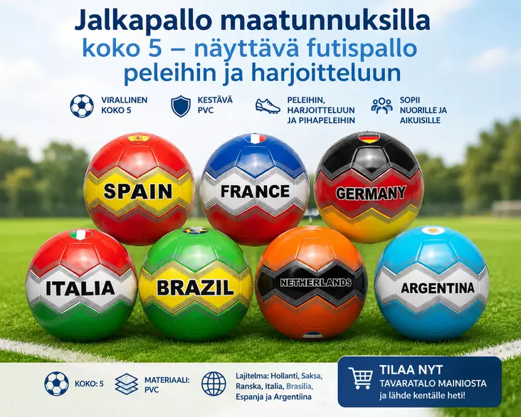 Jalkapallo maatunnuksilla koko 5 Hollanti, Saksa, Ranska, Italia, Brasilia, Espanja tai Argentiina - Jalkapallotuotteet - 6438506019518 - 1