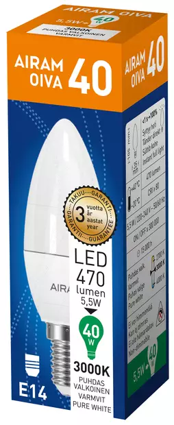 Airam LED OIVA Kynttilälamppu 5,5W E14 470lm 3000K, 15 000h - Lamput ja polttimot - 6435200203359 - 2