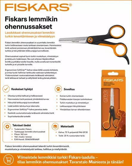Fiskars Lemmikin ohennussakset - Koiran trimmaus ja turkinhoito - 0046561816469 - 2