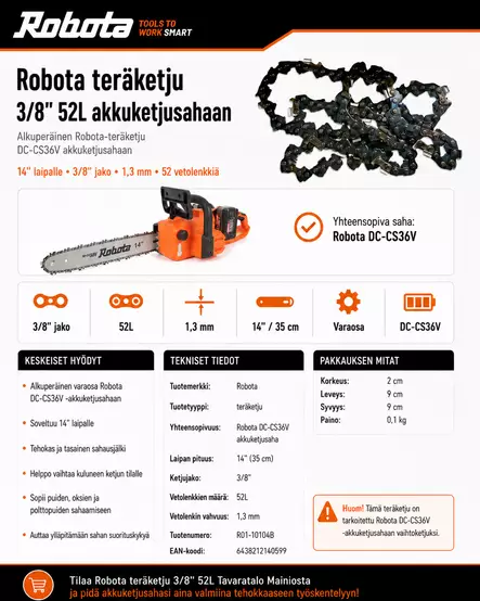 Robota teräketju akkuketjusahaan 3/8 52L - Moottorisahan tarvikkeet ja varaosat - 6438212140599 - 2