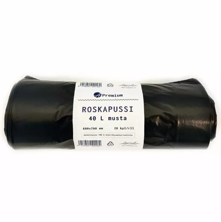 A.Premium Kierrätysmateriaali roskapussi 40 L musta 600x700x 30my - Jätteiden lajittelu - 6418055090169 - 1